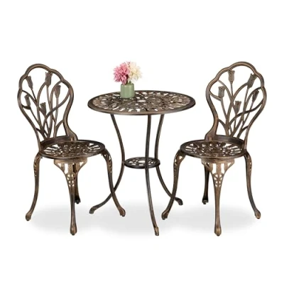 Image of Relaxdays Garden Bistro Set, 3 Piece, Table &amp; 2 Chairs, Antique Style, Patio Furniture, Outdoor Dining, Black/Bronze, Aluminium, 67 x 60 cm