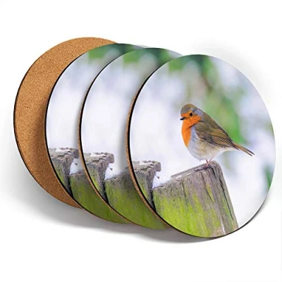 Image of Destination Vinyl ltd Great Coasters (Set of 4) Round Little Robin Redbreast Winter Drink Glossy Coasters/Tabletop Protection for Any Table Type #45580