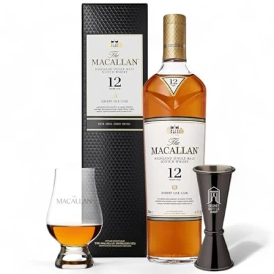 Image of Macallan 12 Year Old Sherry Cask Whisky Glass &amp; Jigger Set 70cl With Secret Bottle Shop
