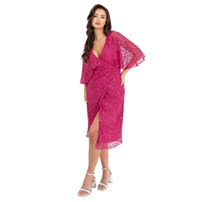 Image of Maya Deluxe Women&#039;s Midi Ladies Sequin Embellished Cape Sleeve Wrap Dress for Wedding Guest Bridesmaid Cocktail Prom Evening, Fuchsia, 12