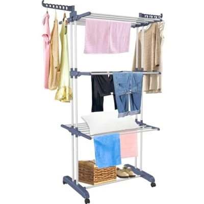 Image of Ram® 4 Tier Airer Clothes Drying Rack,4 Foldable Hanger Adjustable Large Stainless Steel Garment Laundry Racks for Indoor Outdoor Rack