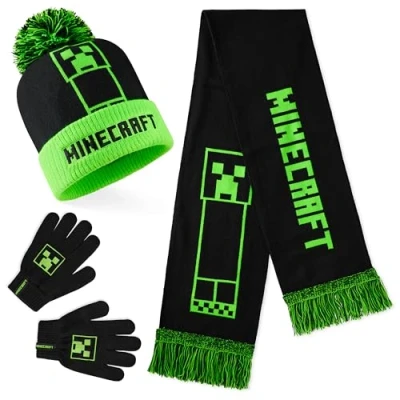 Image of Minecraft Cold Weather Set Creeper Beanie Hat Scarf and Gloves Kids Winter Gaming Gifts for Boys (One Size, Black Creeper)