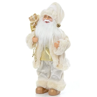Image of Christmas Decoration 30cm Standing Decorative Santa with Sack Ivory/Gold