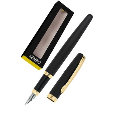 Image of Online Eleganza Fountain Pen I Black &amp; Fold Nib Size M Metal Clip Includes Ink Cartridge for Standard Cartridges Or Converter In Gift Box