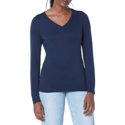 Image of Amazon Essentials Women&#039;s Classic Fit Lightweight Long Sleeve V Neck Jumper (Available in Plus Size), Navy, S