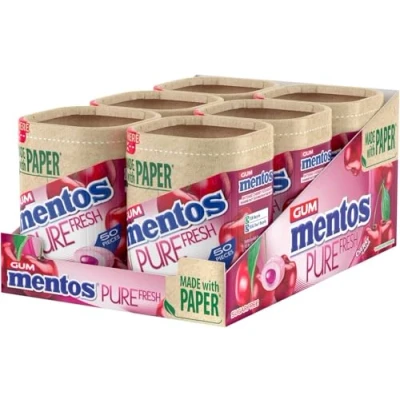 Image of Mentos Pure Fresh Cherry Flavour, Sugar Free Chewing Gum With Xylitol 6 x 50 Pieces