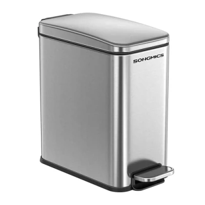 Image of SONGMICS Bathroom Bin, 10L Small Bin with Lid, Pedal Toilet Slim for Spaces, Steel, Soft Close, Silver LTB561E10