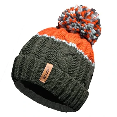 Image of RockJock Unisex Mens Ladies Warm Winter Chunky Colour Block Ski Bobble Pompom Hat with Cosy Thermal Teddy Fleece Liner Olive/Orange