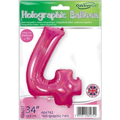 Image of Oaktree 34&quot; Number 4 Holographic Pink Foil Balloon 604742