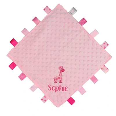 Image of TeddyTs Personalised Giraffe Baby Taggy Ribbon Comforter Blanket (Pink), One Size