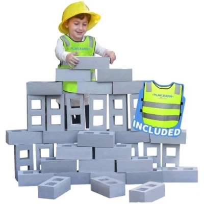 Image of Playlearn Life Size Foam Breeze Block/Brick Construction Building Blocks Toy Role Play Realistic Pack of 20 Bricks for Kids Children Toys