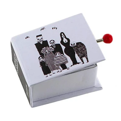 Image of Hand cranked Music Box/Musical Box Made of Illustrated Cardboard in The Shape a Book with 18 Note Musical Mechanism Addams Family Main Theme (Vic Mizzy)