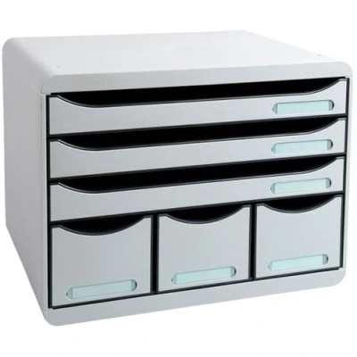 Image of Exacompta Ref 306740D Store Box Office Plus 6 Drawer Set 270 x 355 271mm in Size, 3 A4+ Drawers + Accessory Drawers, Stackable, Open Light Grey