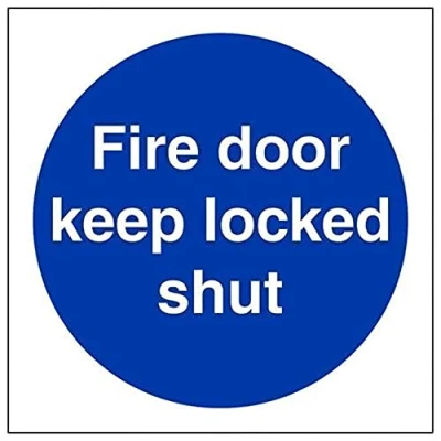Image of V Safety 18015AF R Fire Door Keep Locked Shut Sign Square 100mm x 1mm Rigid Plastic, Blue