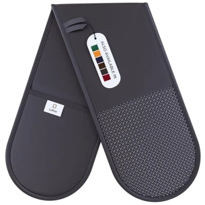 Image of Grey Oven Gloves by Laffair Charcoal Double Non Slip Silicon Grip Maximum Heat Protection