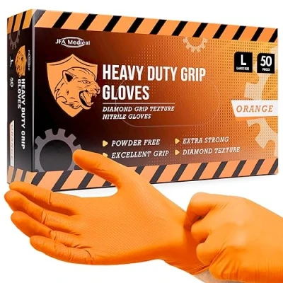 Image of JFA Medical Disposable Heavy Duty Mechanic Powder Free Latex Orange Diamond Grip Nitrile Gloves Box of 50 (Large)