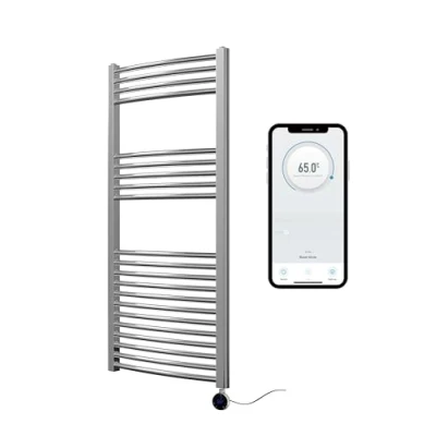 Image of Greened House Chrome Electric Smart WiFi Controlled Heated Towel Rail 500mm W x 1200mm H Curved 7 Day Programmable Timer App Compatibility