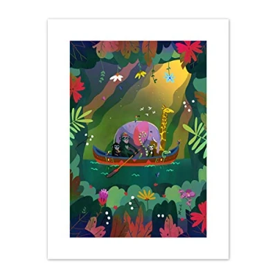 Image of Wee Blue Coo Jungle Girls Canoe Animals Canvas Wall Art Print