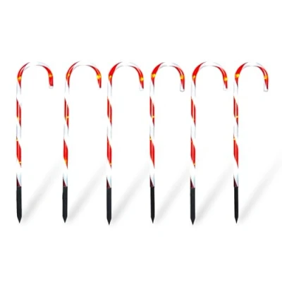 Image of Electrovision Xmas Haus Outdoor LED Light Up Candy Cane Stake Lights set of 6 Battery Operated with Timer for Festive Christmas Decoration