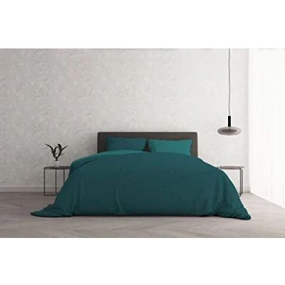 Image of Italian Bed Linen Natural Color Duvet Cover Set, Cotton, Petroleum Green/Bottle Green, Queen Size