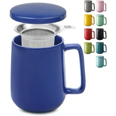 Image of Cosumy Tea Cup with Infuser and Lid 500ml Large Ceramic Mug Long Warmth Scratch Resistant Dishwasher Safe (Dark Blue)
