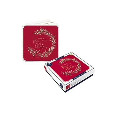 Image of Tom Smith 10 Boxed Deluxe Square Christmas Cards Wreath Design