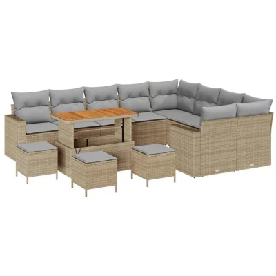 Image of vidaXL 13 Piece Garden Sofa Set with Cushions Beige Poly Rattan Acacia
