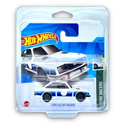 Image of Hot Wheels Ford Escort RS2000 (White &amp; Blue) 1/10 Retro Racers 2023 4/250 (Short Card) COMES IN A KLAS CAR KEEPER PROTECTIVE COLLECTORS CASE HKG25