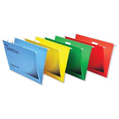 Image of Rexel Foolscap Suspension Files with Tabs and Inserts for Filing Cabinets, 15 mm V base, Manilla, Yellow, Crystalfile Flexifile, Pack of 50, 3000043