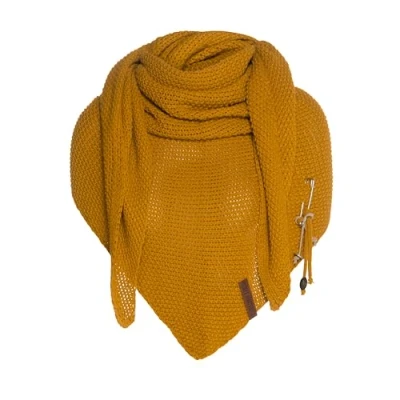 Image of Knit Factory Coco Knitted Shawl Triangle scarf Women Ochre winter 190x85 cm Manufactured in Europe Ladies Including decorative pin