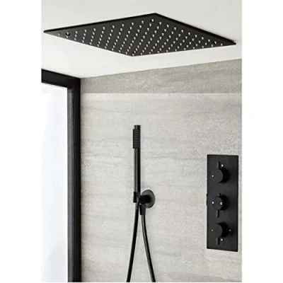 Image of Milano Nero Modern Thermostatic Mixer Valve 400mm Ceiling Mounted Recessed Head Hand Shower Black