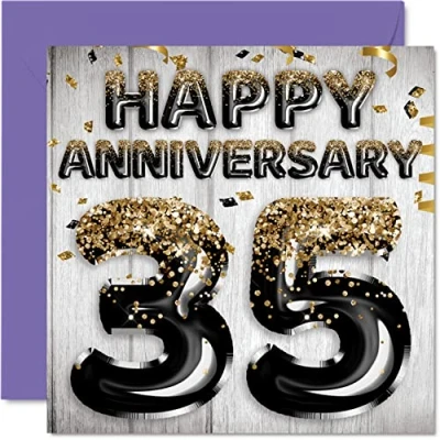 Image of Awesome Coral Anniversary Card for Husband Boyfriend Wife Girlfriend Black Gold Glitter Balloon Happy 35th Cards from Family, 145mm x Greeting Thirty Fifth Anniversaries