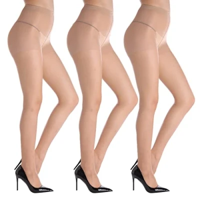 Image of YAGAXI 20D Sheer Tights for Women 3 Pairs Women&#039;s Control Top Pantyhose(Nude, XL)