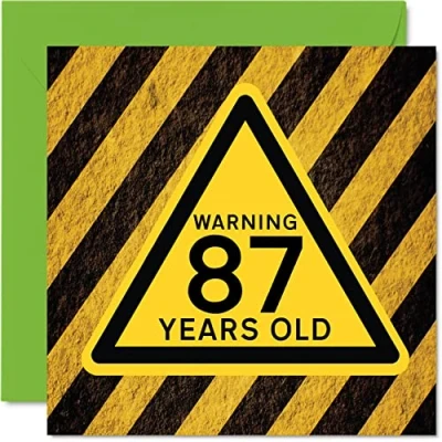 Image of Fun 87th Birthday Cards for Men Women Warning Happy Card Dad Mum Great Grandad Grandpa Nanny Grandma Gran Uncle Auntie, 145mm x Funny Humour Joke Greeting