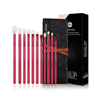 Image of Makeup Brushes 11 Pieces Essential Eyeshadow Brush Set, Vegan with Blending Brush, Detail Eyebrow Eyeliner Curved Tip, Red