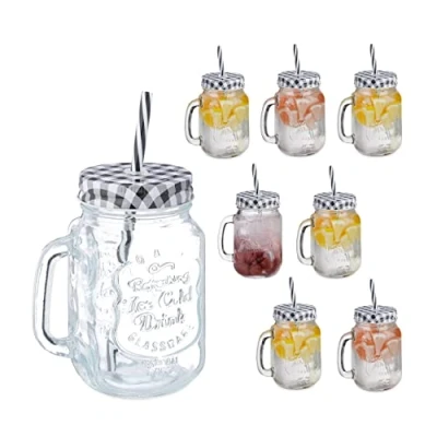 Image of Relaxdays Set of 8 Drinking Glasses, Lids and Straws, Checkered, 500 ml, Summer, Lemonade Jars with Handle, Black/White, 13.5 x 11 cm