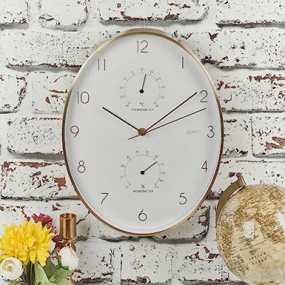 Image of URBNLIVING Modern Oval Wall Quartz Clock Movement For Living Room, Office, Kitchen With Thermometer and Hygrometer (White Face)