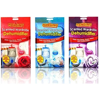 Image of Scented Hanging Wardrobe Dehumidifier Damp Mould Condensation Control Set of 3 (Rose, Lavender, Fresh Linen) Sold by Karrma Ltd