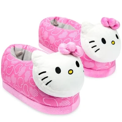 Image of Hello Kitty Girls 3D Slippers Cosy Indoor House Shoes with Non Slip Sole Gifts for (Pink, 1/2 UK)
