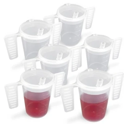 Image of Wing Handled Beaker with Drinking Lid Pack of 6 Adult Beakers for Elderly Dementia Cup Two Small Spouted
