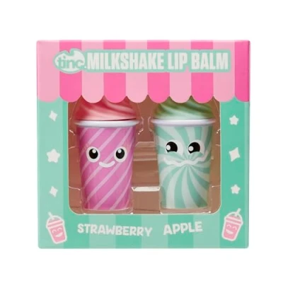 Image of Tinc Milkshake Lip Balms for Kids Flavoured Fruity Scents, Strawberry, Apple, Keeps Lips Moist, Perfect Party Bag Treat, Two Flavours