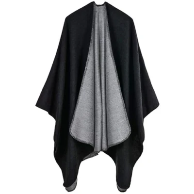 Image of Womens Reversible Oversized Poncho Cape Blanket Shawl Cardigans (One Size, Black &amp; Grey)