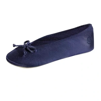 Image of Isotoner Women&#039;s Satin Ballerina Slippers with Classic Ribbon Suede Sole Ballet Flat, Navy Blue Soft Tie Bow, 9.5/10 UK