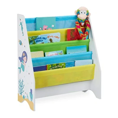 Image of Children&#039;s Bookshelf, Storage Unit for Books, Mermaid Motif, Four Shelves Stable, 72 x 62 29 cm, Colourful Relaxdays