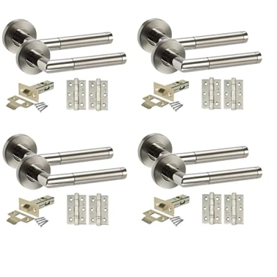 Image of Golden Grace Mitred Style Modern Chrome Door Handles on Rose with Duo Finish Lever Latch Pack Ball Bearing Hinges and 64mm Tubular or Bathroom Set Lock (4 Sets)
