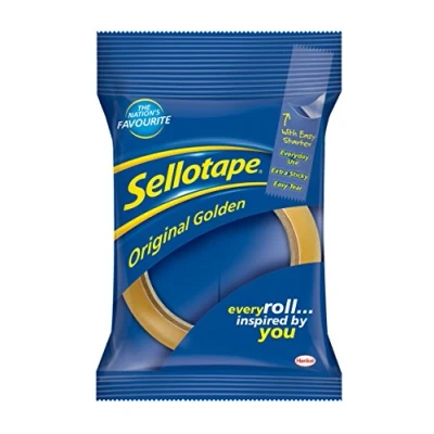 Image of Sellotape Original Golden, Multi Purpose Clear Tape for Household Objects, Packing Sticking Envelopes or Cards, Easy Starter &amp; Tear Packaging Tape, 18mm x 66m