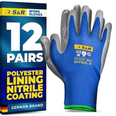 Image of S&amp;R Protective Gloves 12 Pairs with Nitrile Coating in XL/10, Non Slip Work for Assembly, Building, Restoration