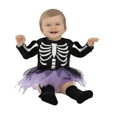 Image of Funidelia Skeleton Costume Girl for baby Skeleton, Skull, Grim Reaper, Horror accessory fancy dress &amp; props Halloween, carnival parties Size 12 24 months Black