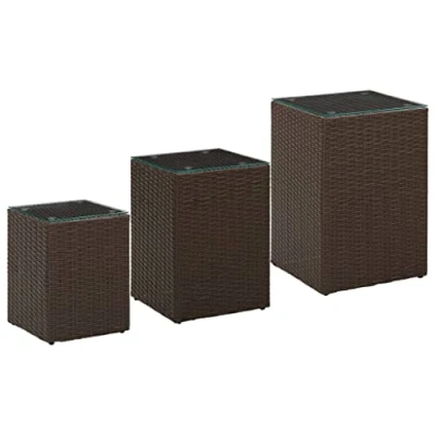 Image of vidaXL Set of 3 Side Tables with Glass Top Brown Poly Rattan Indoor/Outdoor Sofa/Tea/Dining Lightweight Design and Modern Aesthetics