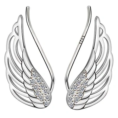 Image of Meyiert Women&#039;s 925 Sterling Silver Small Elegant Angel Wing Zirconia Cuff Ear Hook Climber Earrings (White)